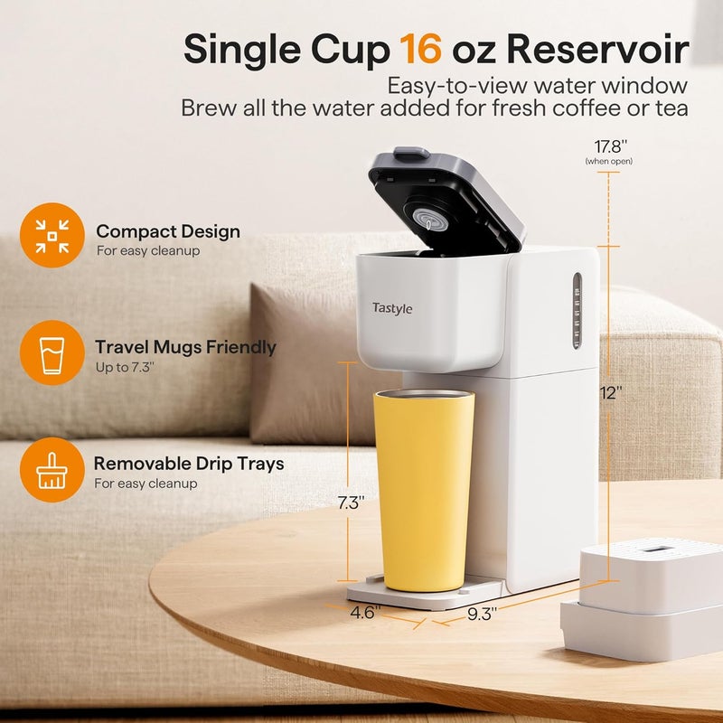 Tastyle Single Serve Coffee Maker for K Cup, Ground and Tea, Hot and Iced Coffee Machines with Bold Setting, 6 to 16 Oz Brew Sizes, Compact for Small Spaces, White (2.0 Version) - Image 4